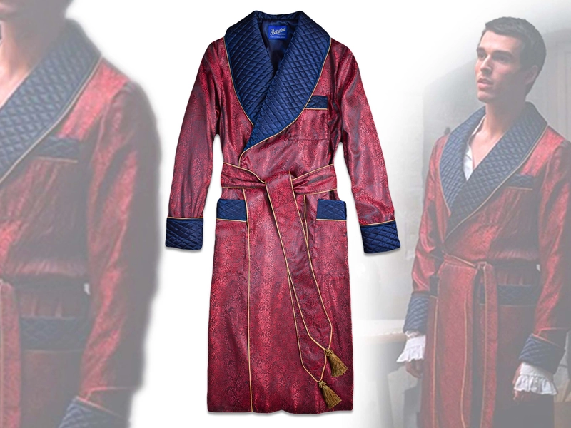 Mens Robe Paisley Quilted Dressing Gown Silky Jacquard Burgundy Navy Blue Quilted Gentleman Classic Victorian Smoking Jacket Bridgerton