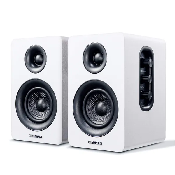 Sanyun SW208 3" Active Bluetooth 5.0 Bookshelf Speakers – 60W Carbon Fiber Speaker Unit - Built-in 24bit DAC - Dynamic 3D Surround Sound – 2.0 Computer PC Monitor Gaming Speakers (Pair, White) - White