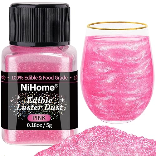 NiHome Edible Food-Grade Glimmer Powder Glitter Luster Dust Metallic Food Decorating Sprinkle Glimmery Dust for Drink Wine Beverage Cake Candy Dessert Bakery Restaurant Vegan (0.18oz/5g, Pink) - 5g/0.18oz - Pink
