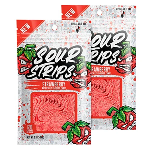 Sour Strips Strawberry Flavored Sour Candy Strips, Deliciously Sour Chewy Candy Belts, Vegetarian Candies, 12 Strips per Pack, 2 Pack - Strawberry