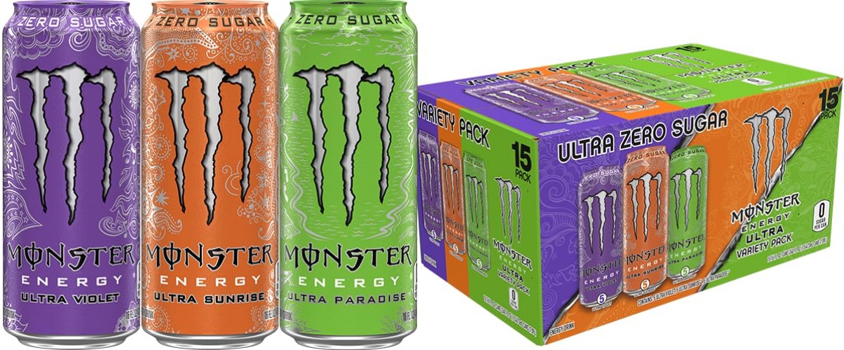 Monster Energy Ultra Variety Pack, Ultra Violet, Ultra Sunrise, Ultra Paradise, Sugar Free Energy Drink, 16 Ounce (Pack of 15) - Ultra Violet, Ultra Sunrise, Ultra Paradise - 15 Pack
