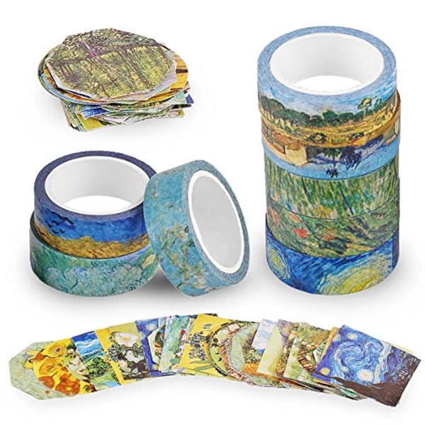 Knaid Van Gogh Inspired Washi Tape Set of 8 Rolls + 90 pcs Planner Stickers, Van Gogh's Paintings Series Bundle for Arts, DIY Crafts, Gift Wrapping, Scrapbook, Journals, and Daily Planners