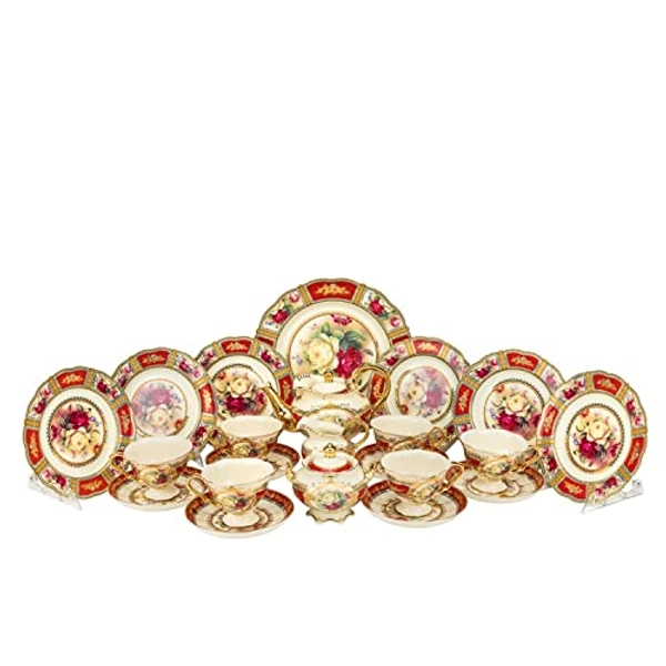 Royalty Porcelain 24-pc Tea Cake Set 'Britten' For 6, Porcelain (Red)