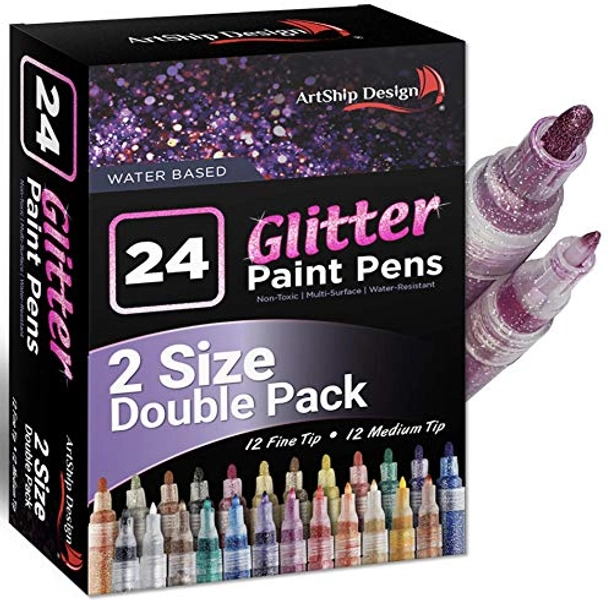 ArtShip Design 24 Glitter Paint Pens, Double Pack of Both Extra Fine and Medium Tip Paint Markers, for Rock Painting, Mug, Ceramic, Glass, and Fabric Painting, Water Based Non-Toxic and No Odor