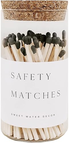 Sweet Water Decor 4" Hearth Matches in Apothecary Glass Bottle | Rustic Jar Approx. 100 Decorative Matchsticks with Strike Pad | Cute Candle Accessory Match Holder Long Matches for Fireplace (Black) - Black