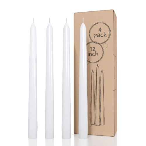 CANDWAX White Taper Candles 12 inch Dripless - Set of 4 Tapered Candles Ideal as Dinner Candles - Smokeless and Unscented Taper Candles Long Burning - Hand Poured Tall Candlesticks - 12 inch - White