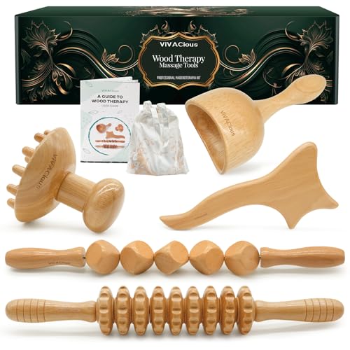 ViVACious Wood Therapy Massage Tools 5Pcs Lymphatic Drainage Massager, Maderoterapia Kit, Wooden Body Sculpting Massager for Muscle Pain-Relief, Anti-Cellulite, Body Shaping & Contouring