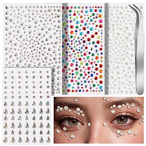 Teenitor Self Adhesive Face Gems and Pearls for Makeup, Festival Jewels, Hair Gems, Rhinestone Stickers for Face, Eye, Makeup, Nail, Body, Crafts - A