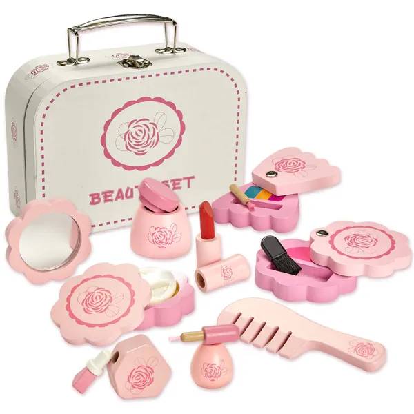 Dragon Drew Wooden Toy Beauty Set – 10 Piece Kit - Girls Salon Set with Makeup, Brush, Mirror and Cosmetics Case - 100% Natural Wood, Nontoxic Paint, Smooth Edges - 