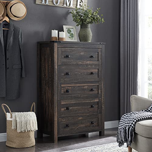 T4TREAM Farmhouse 5 Drawers Dresser - Dark Rustic Oak
