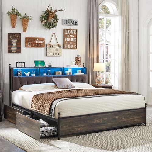 T4TREAM Queen Bed Frame with Storage - Dark Rustic Oak
