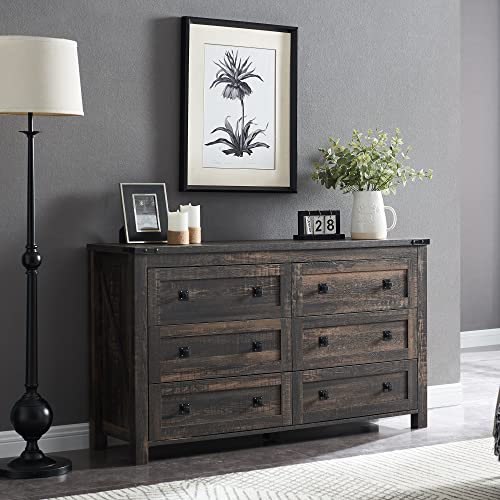 T4TREAM Farmhouse 6 Drawers Dresser - Dark Rustic Oak