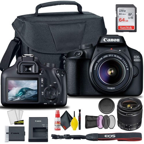 Canon EOS 4000D / Rebel T100 DSLR Camera with 18-55mm Lens + Creative Filter Set, EOS Camera Bag + Sandisk Ultra 64GB Card + 6AVE Electronics Cleaning Set, and More (International Model)