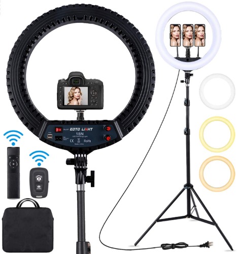 18 inch LED Ring Light with Tripod Stand Dimmable Makeup Selfie Ring Light for Studio Portrait YouTube Vlog Video Shooting with Carrying Bag and Remote Controller, CRI 90