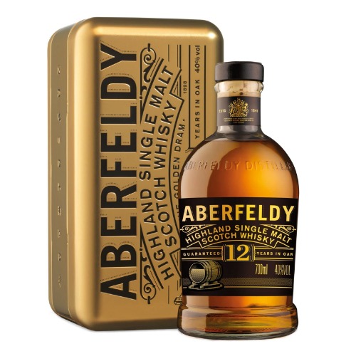 Aberfeldy 12 Year Old Highland Scotch Single Malt Whisky with Gold Gift Tin, Aged in Oak Casks, Notes of Honey, Fruit, Spices, Vanilla & Hint of Smoke, 40% ABV, 70cl / 700ml