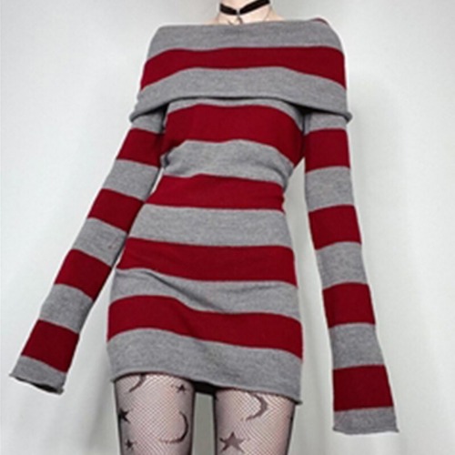 'Embers' Mini Black & Grey / Red & Grey Sweater Dress - Red / S