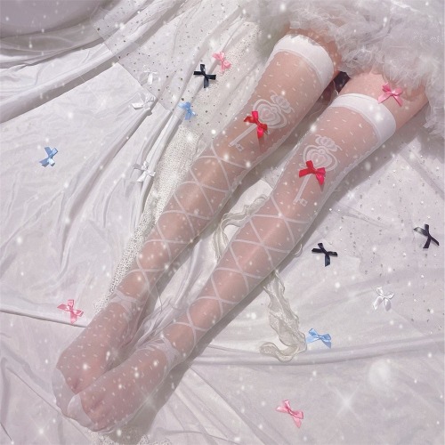 Sheer Lolita Nylon Thigh Highs - White Wands Red Ribbons