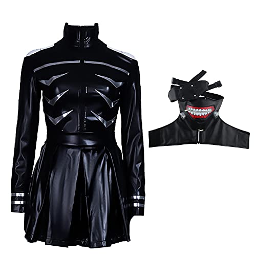 CSOCKS Tokyo Ghoul Cosplay Kostüm Ken Kaneki Jumpsuit Kleid Schwarze Kampfuniform mit Maske und Perücke Männer Frauen - Female+mast - S