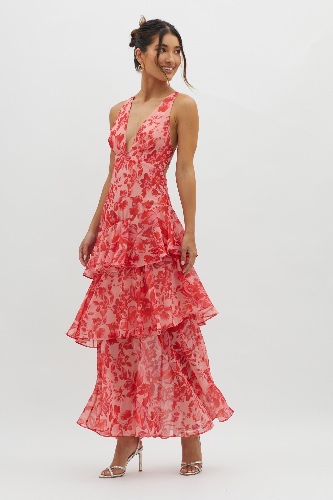 Veda Strappy Back Ruffle Midi Dress Floral Red | XS