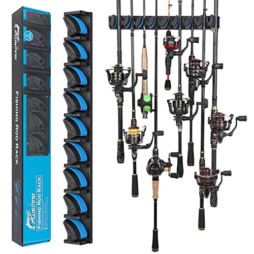 PLUSINNO Vertical Fishing Rod Holder, Wall Mounted Fishing Rod Rack, Fishing Pole Holder Holds Up to 9 Rods or Combos, Fishing Rod Holders for Garage, Fits Most Rods of Diameter 3-19mm - Blue 1-pack (store 9 combos)