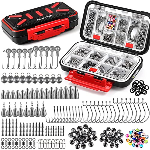 PLUSINNO 264pcs Fishing Accessories Kit, Organized Tackle Box with Tackle Included, Fishing Weights Sinkers, Jig Hooks, Swivels, Beads Combined into 10 Rigs, Fishing Gear Set for Bass Trout - 264pcs Fishing Accessories Kit