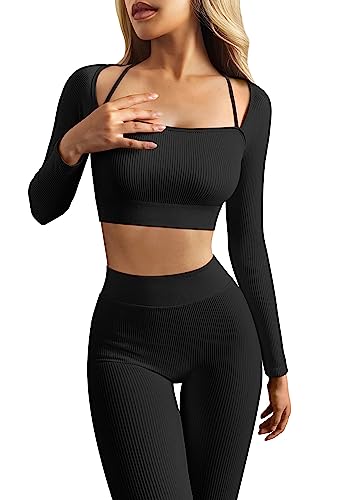 OQQ Yoga Outfits for Women 2 Piece Seamless Ribbed Workout High Waist Leggings with Crop Top Exercise Set - Black - Small