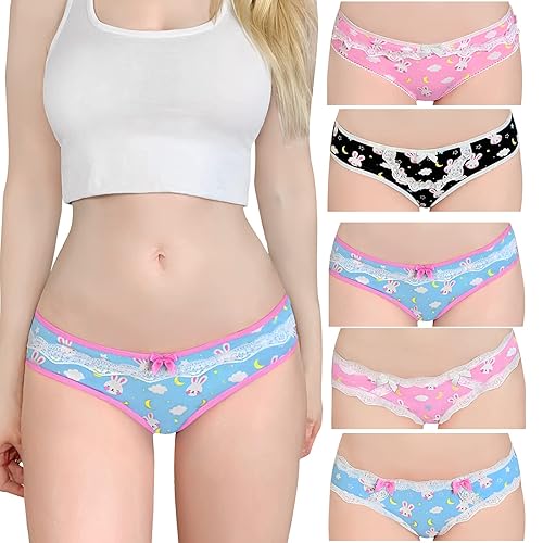 Littleforbig Women's Ladies Soft Cotton Underwear Comfortable Hipster Briefs 5 Colorful Pack Panties Set - Bedtime Bunny - Medium - Multicolor