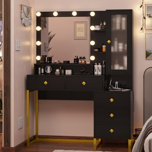Tiptiper Large Makeup Vanity with Lights and Charging Station, Vanity Desk with Mirror and Lights, Vanity Table with Nightstand, Makeup Table with 5 Drawers & Storage Shelves, Black and Gold - Modern Black