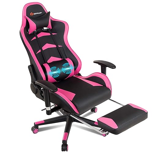 POWERSTONE Gaming Chair - Pink Ergonomic Gaming Chair with Footrest for Women Racing Esports Computer Chair High-Back Lumbar Massage Leather Recliner Rolling Swivel Chair (Pink) - Pink