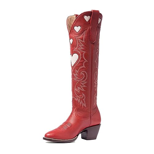Huntarry Cowboy Boots for Women Wide Calf Knee High Cowgirl Boots Western Embroidery Poninted Toe Mid Heel Wedding Boots - 5 - I Red