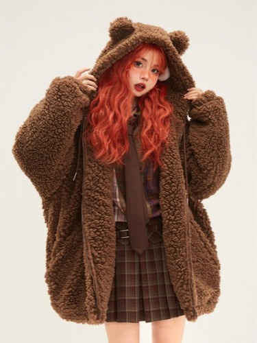 Cute Bear Ears Coffee Sherpa Hooded Zip Coat