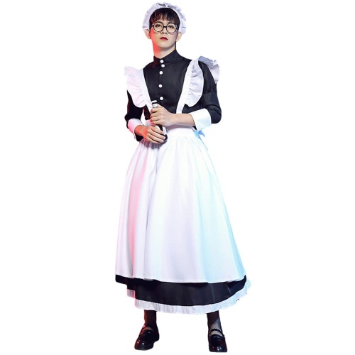 [YUEEI] メイド服 メンズ 男性向け ロングスカート コスプレ ハロウィン 仮装 ワンピース 長袖 可愛い パーティー イベント 撮影 女装 演出服 網タイツ付き 5点セット - S