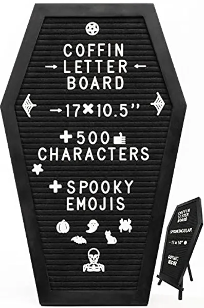Coffin Letter Board Black With Spooky and All Seasons Emojis +500 Characters, and Wooden Stand - 17x10.5 Inches - Gothic Halloween Decor Spooky Gifts Decorations