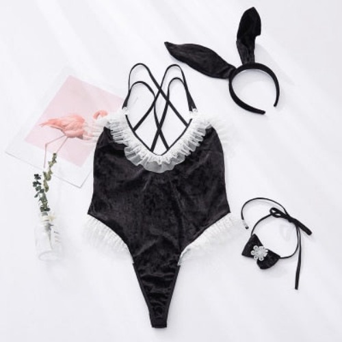 Big and Beautiful Velour Bunny Cosplay (Sizes up to 5XL) - Black / 5XL fitweigt90-115kg