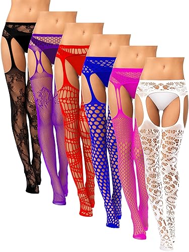 6 Pairs Women Fishnet Thigh High Stockings Suspender Pantyhose Lingerie Garter Belts Tights for Women Girls - Medium-Large - Black, Purple, Royal Blue, Red, Rose Red, White