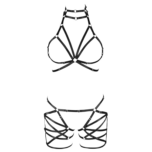 Body harness for women Bra Goth Stretchy fabric Halloween Plus size Punk Chest strap belt Festival rave Lingerie cage - One Size - Black-set