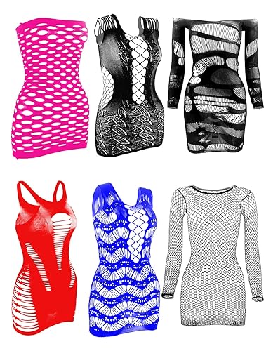LEMON GIRL 6 Pieces Women's Fishnet Lingerie Top Mesh Babydoll Chemises Dress,General Size - Rose,black,black,red,blue,black
