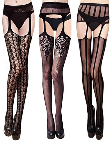 VERO MONTE Women Patterned Fishnet Tights Black Fishnets Net Stockings Pantyhose - One Size - Thigh High Modern Combo, Black, 3 Pairs 3 Styles