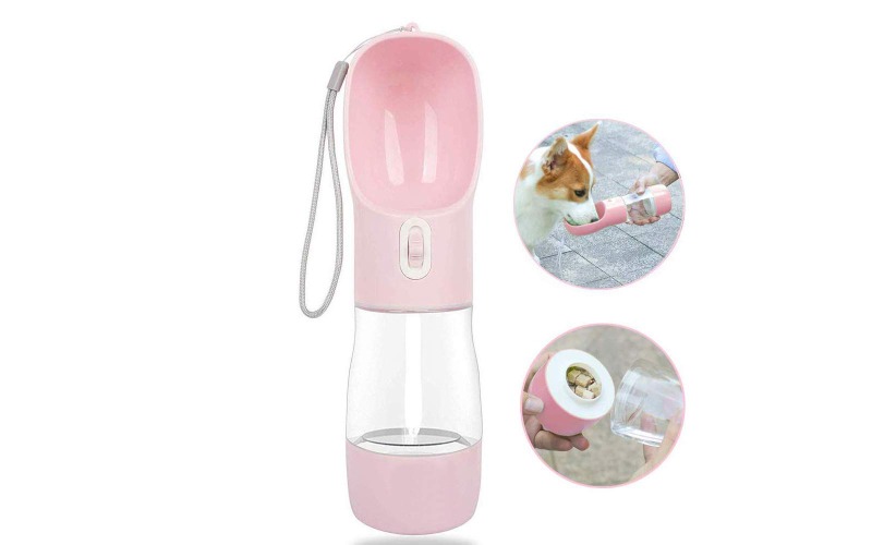 MAOCG Dog Water Bottle for Walking, Multifunctional and Portable Dog Travel Water Dispenser with Food Container,Detachable Design Combo Cup for Drinking and Eating,Suitable for Cats and Puppy - Pink
