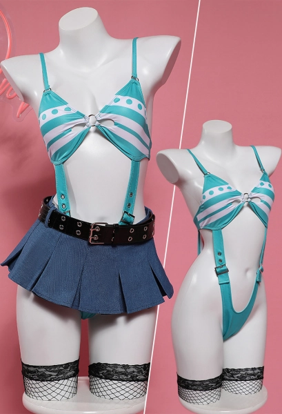 Nami Derivative Sexy Lingerie Costume Halloween Cutout Bodysuit and Mini Skirt Set with Belt Stockings Outfit