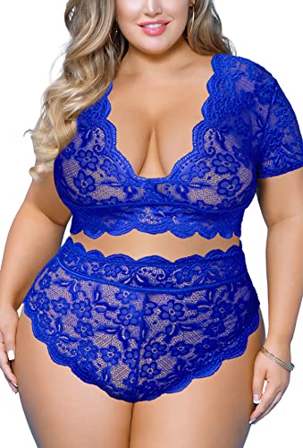 Plus Size 2 Piece Lingerie Set for Women Sexy Deep V Allover Lace Bra and Panty High Waist Nightwear Clubwear - Blue - XX-Large
