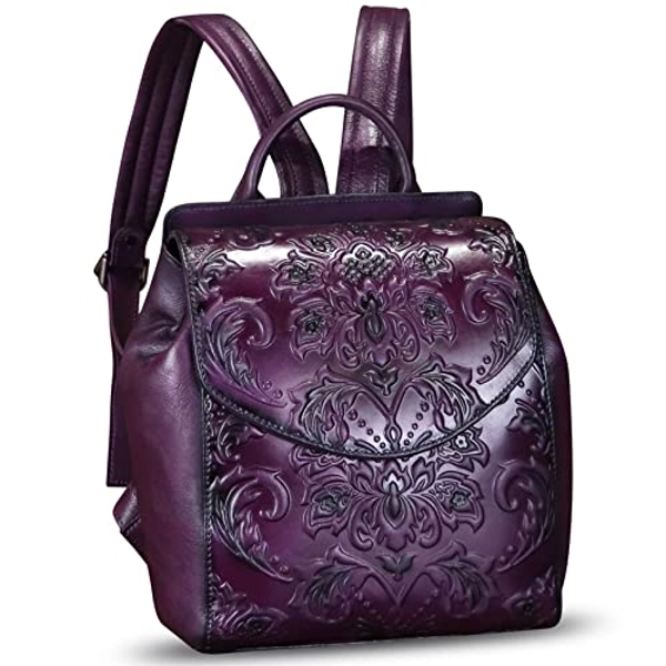 FEIGITOR Genuine Leather Backpack for Women Purse Retro Embossed Leather Handmade Knapsack Back Bag Casual Daypack (Purple)