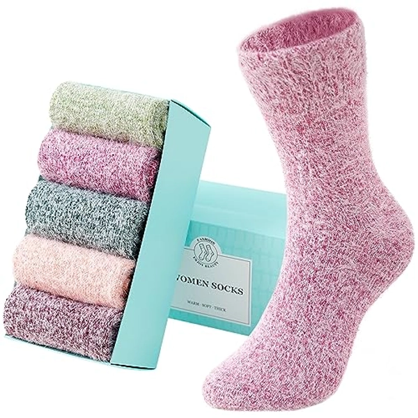 SISOSOCK 5 Pairs Fuzzy Socks for Women Winter Warm Wool Thick Socks Soft Cozy Womens Knit Sleep Socks with Gifts Box