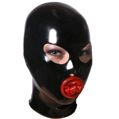 Halloween Latex Hood Rubber Mask with Inner Red Mouth Condom Open Eyes Nose Back Zipper Wear Club - X-Small