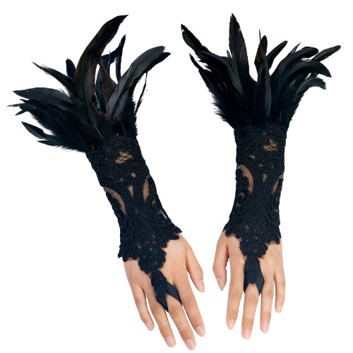 Women's Black Feather Lace Long Gloves Witch Spider Web for Halloween Pack of 2 - Black-3