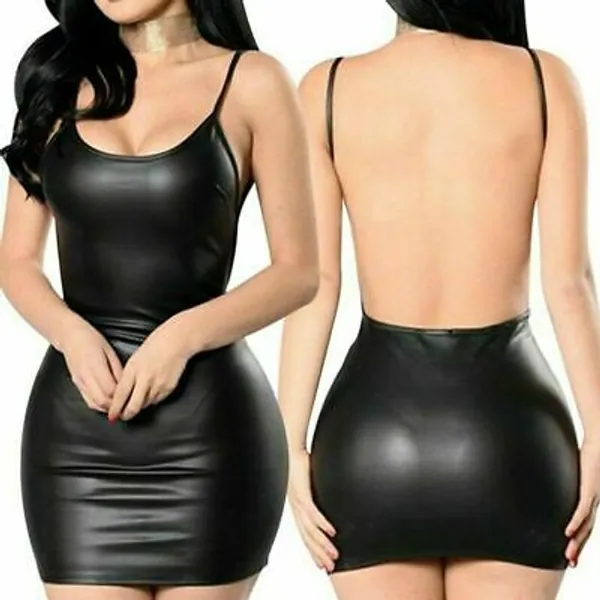 Women Sexy Mini Dress Black Faux Leather Backless Club Party Short Bodycon Dress  | eBay