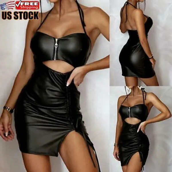 Sexy Womens Halter Bodycon Mini Dress Ladies PU Leather Wet Look Party Clubwear  | eBay