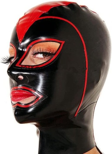 Black Fetish Latex Rubber Hood Mask Open Red Eyes Lips with Back Zip,Black+red,L - Black+red Large