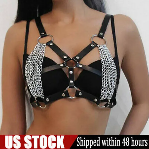 Sexy Women Faux Leather Harness Chest Corset Garter Belts Suspenders Metal Chain  | eBay