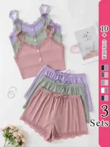 Women's 3 Set Plain Contrast Lace Buttons Sleeveless Cami Top & Drawstring Waist Shorts Pj Set, Basic Womenswear Pajamas, Casual Comfy Loungewear Pajamas Set for Homewear, Pj Sets, Women's Sleepwear Clothes